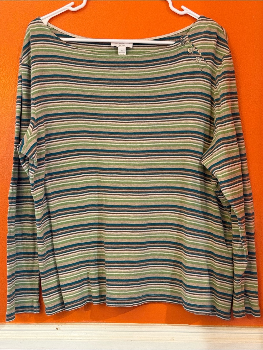 Charter Club Striped Long-Sleeve Top in Green, Blue and Tan